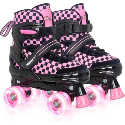 Nattork Adjustable Roller Skates for Kids Teens, Illuminating Wheels Roller Quad Skates with Checkerboard Design for Boys Girls