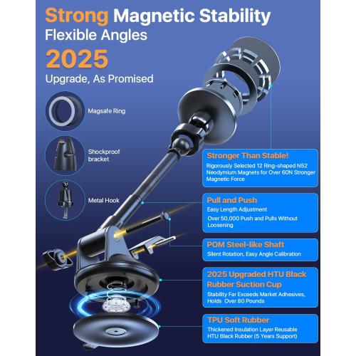 HTU 2025 Upgraded for Magsafe Car Mount [80LBS Strongest Suction & Military-Grade] Powerful Magnetic Cell Phone Holder for Car Dashboard Windshield for iPhone 16 15 14 Pro Max Mini (Black)