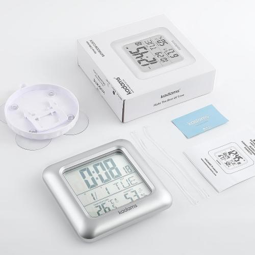KADAMS Bathroom Clock 9.5 Kitchen Wall Clock with Large LCD Screen – Shower Clock with Suction Cup,Temperature, Humidity, Calendar – Water-Resistant, 4 Mounting Options, Silver