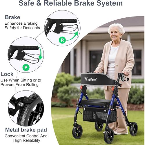 Walkers for Seniors, Rollator Walker with Seat, Walkers for Seniors with seat, 350 lb Capacity,with 8'' Big Wheels, Rolling Walker (Silver)