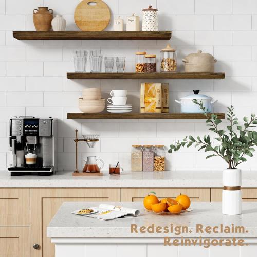 Forbena 36 Inch Floating Shelves for Wall Long Set of 3, Large Deep Wall Shelves for Bedroom Living Room Decor, Rustic Wood Floating Shelf for Kitchen Closet Office TV Plants Books (Dark Brown)