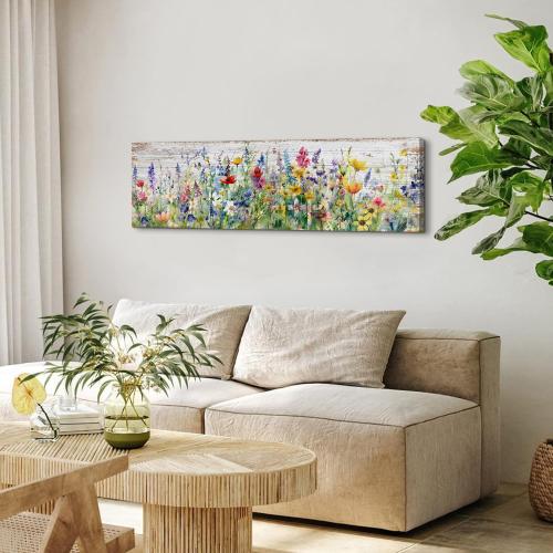 Rustic Wildflower Wall Art Colorful Farmhouse Floral Scenery Picture Decor Watercolor Flower Landscape Wood Grain Prints Painting Artwork for Living Room Office Bathroom Bedroom Home Decoration 14x48