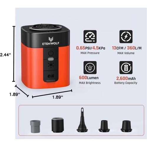 ETENWOLF AIR 3 Air Pump for Inflatables with 2600mAh Battery& Camping Light
