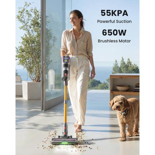 Cordless Vacuum Cleaner,55KPa 650W 65Mins Vacuum Cleaners for Home,Stick Vacuum with LED Display &Anti-tangle Brush and Self-Standing Design,Vacuum Cleaner for Hardwood Floors,Carpet,Pet Hair,Car
