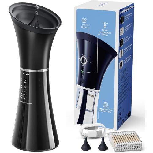 Upgraded Ear Wax Removal with One-Piece Waste Tank, Safe Cleaner with Water Temperature Sensor, Effective Ear Irrigation Kit & USB-A to C Cable, IPX7, Black