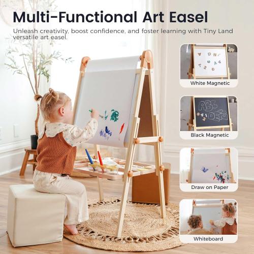 Tiny Land Easel for Kids, Double-Sided Magnetic Easel, Adjustable Wooden Kids Art Easel with Paper Roll, Learning-Toy for 3,4,5,6,7,8 Years Old Boy & Girls