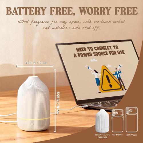 Essential Oil Diffuser, 100ml Aromatherapy Diffuser, Mini Ultrasonic Diffuser for Essential Oil, Home, Office, Cool Mist Humidifier with 7 Led Light, Auto Shut-Off, White