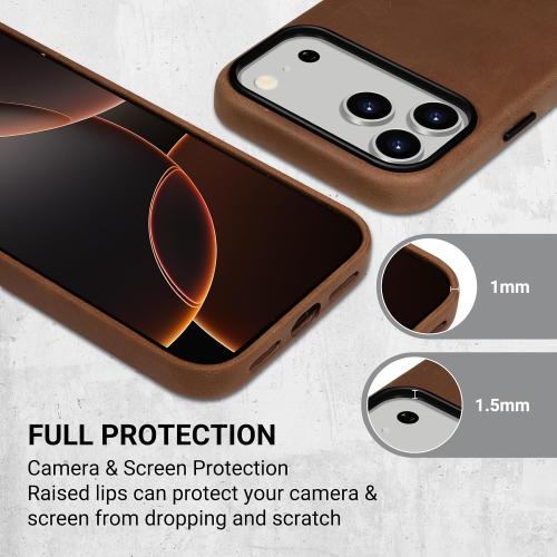 Belemay Handcrafted Crazy Horse Leather Case for iPhone 17 Pro, Compatible with MagSafe, Vintage Aesthetic, Two-Tone Effect, Unique Patina, Camera Control Button, Metal Buttons (6.3), Vintage Brown