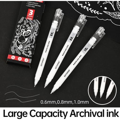 White Gel Pens 3-Pack - 0.6/0.8/1.0mm Fine to Bold Tips for Journaling & Art - Opaque Ink on Dark Paper, Holiday Cards & DIY Gifts