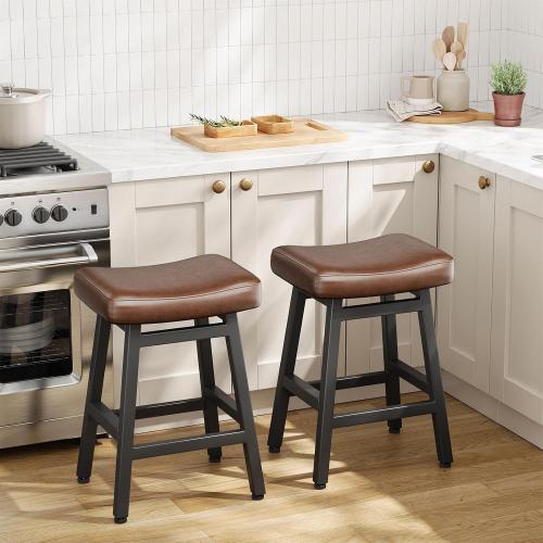 Raynesys 24 Inche Bonded Leather Counter Height Bar Stools Set of 2 Curved | Barstools with Curved Bonded Leather Seats & Heavy Duty Metal Legs for Kitchen Counter, Easy Assembly, All Black