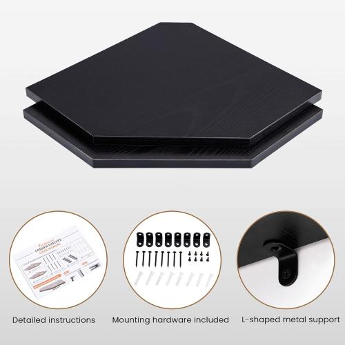 Fun Memories Corner Shelf Wall Mount, Floating Corner Shelves, Set of 2 Corner Wall Shelf Organizer, Rustic Wood Wall Storage Display Shelves for Living Room Bedroom Bathroom Kitchen, Classic Black