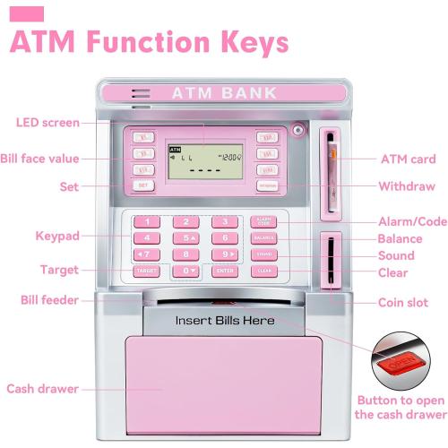 Pink Piggy Bank for Kids, ATM Machine Bank for Real Money with Debit Card, Bill Feeder, Coin Recognition, Balance Calculator, Electronic Savings Safe Box, Gifts for Teen Boy Girl