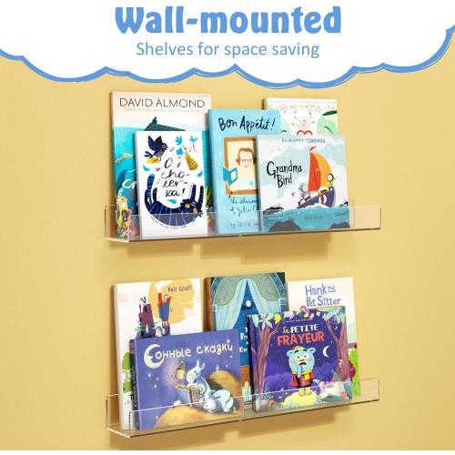 NIUBEE 24-Inch Acrylic Kids Floating Bookshelves, 2-Pack, Wall Mounted Clear Shelves for Kids' Growing Book Collections in Nurseries/Bedroom/Playrooms