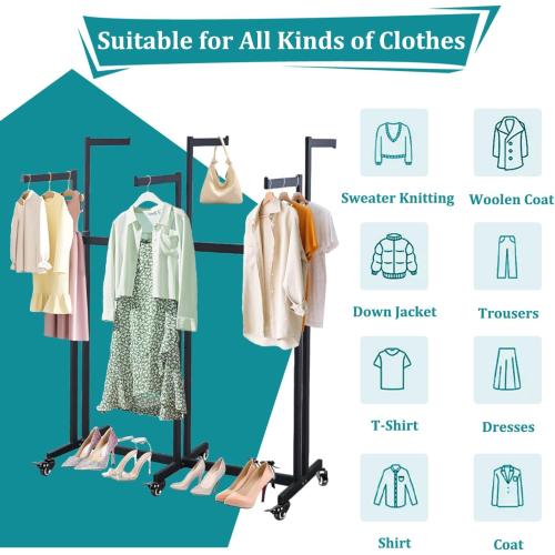 Retail Clothing Display Racks, Black Heavy Duty Garment Rack with Wheels | Floor Standing Metal Display Racks, 6 Straight Arms Clothing Rack for Hanging Clothes, Boutiques Adjustable Shirt Rack
