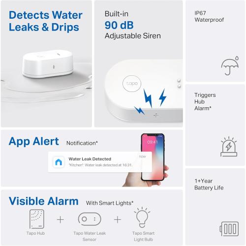 White TP-Link Tapo Smart Water Leak Detector, Requires Tapo Hub, Water Leak Sensor Wi-Fi with Rapid Dripping Detection, 90dB Adjustable Alarm, App Alerts, Compatible with Alexa and Google Home, T300