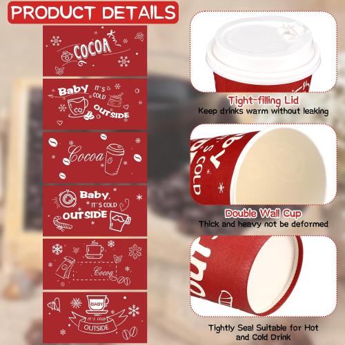 48 Pcs 9 oz Hot Cocoa Bar Disposable Coffee Cups Christmas It's Cold Outside Tea Paper Cup with Lid and Straw for Christmas Baby Shower Party Supplies(Red)