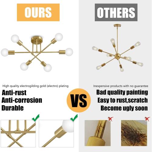 Gold Modern Sputnik Chandelier, 6 Light Flush Mount Ceiling Light Fixture, Mid Century Light Fixture Ceiling Mount for Kitchen Island Bedroom Dining Living Room Foyer UL Listed