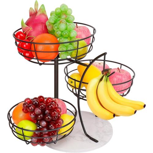 Livabber Fruit Basket Bowl with Banana Hanger, Metal Fruit Vegetable Storage Basket with Banana Holder for Kitchen Counter, Detachable Organizer for Bread Snack Produce (Black, 3-Tier Marble Base)