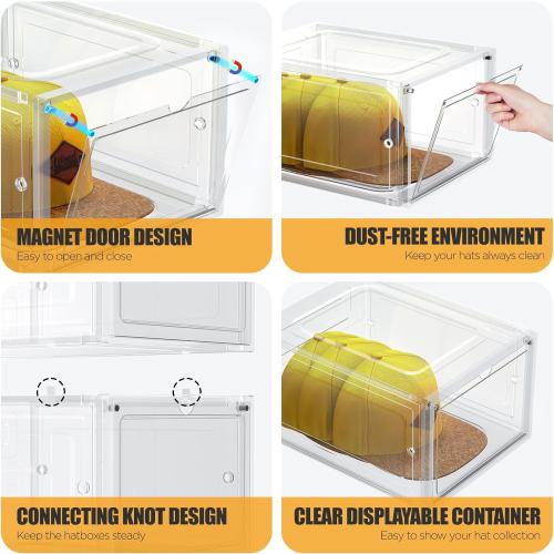 Hat Organizer Box, Stackable Clear Baseball Caps Holder Box Containers with Magnetic Door for Hats Snapback Cap Storag, Hat Rack Display Case, Holds 8 Hats Each (Clear, 2 Pack)