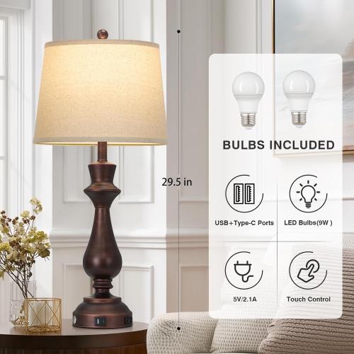 Vintage Table Lamps Set of 2 for Living Room,30 Tall Bedside Lamp with USB Charging Port,3-Way Dimmable Touch Nightstand Lamp for Bedroom Desk Side Table Office,Brown