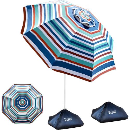 OutdoorMaster Beach Umbrellas for Sand with Sandbag & Anchor, 6.5ft Adjustable Umbrella for Beach Heavy Duty Wind, Portable UPF50  Sunshade with Carry Bag for Patio, Blue Red Striped