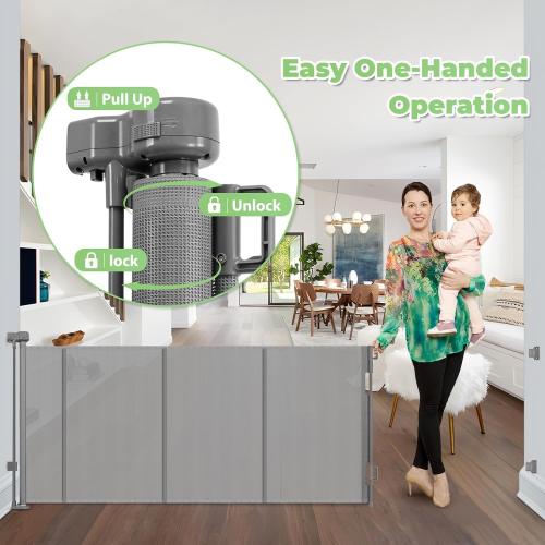 96 Inch Wide Reinforced Retractable Dog Gate with Support Rods - Prevent Crawling Under, Extra Long Retractable Baby Gate Large Dog Gate Indoor/Outdoor Retractable Pet Gate, Gray