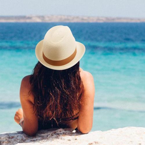 Summer Straw Fedora Hat for Women Men Travel Panama Hat with Wide Brim Roll Up Sun Hat for Beach Outdoor UPF 50