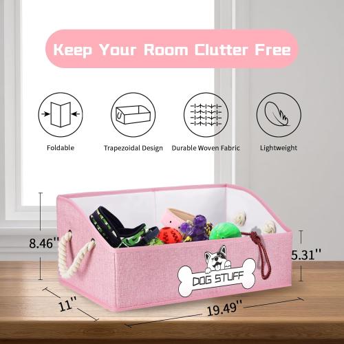 Collapsible Fabric Dog Toy Box and Storage Bin With Handle - Trapezoid Basket Chest Organizer for Pet Toys, Blankets and Accessories, Pink