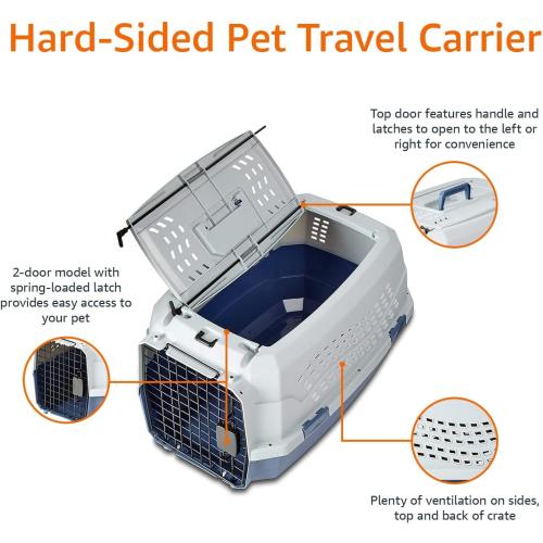Amazon Basics 2-Door Top-Load Hard-Sided Dogs, Cats Pet Travel Carrier, Gray & Blue, 22.8L x 15.0W x 13.0H