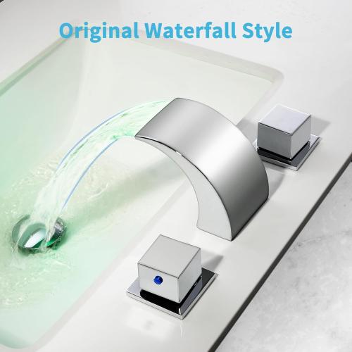 SKOWLL Polished Chrome Deck Mount Bathroom Faucet, 2 Handle Modern LED Waterfall Vanity Sink Faucet, 8 Inch Widespread Lavatroy Sink Faucets