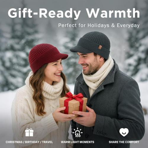 TOP-EX PolarWool™ 100% Merino Wool Winter Hat for Men Fleece Lined Visor Beanie with Brim Outdoor Knit Cap for Cold Weather