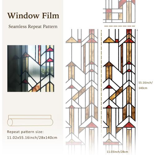 Original Hand Drawn Faux Stained Glass Window Film, Double-Sided Privacy Static Film, Amber Geometry Patterns Inspired by Hollyhock House, See Through 11.02X55.12