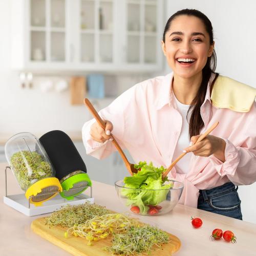 Kitmiido Seed Sprouting Kit, 2 Large Wide Mouth Mason Jars with Sprout Lids, Blackout Sleeves, Drain Tray, Stainless Steel Stand, Sprouts Growing Kit for Bean, Broccoli, Alfalfa (Yellow Green)