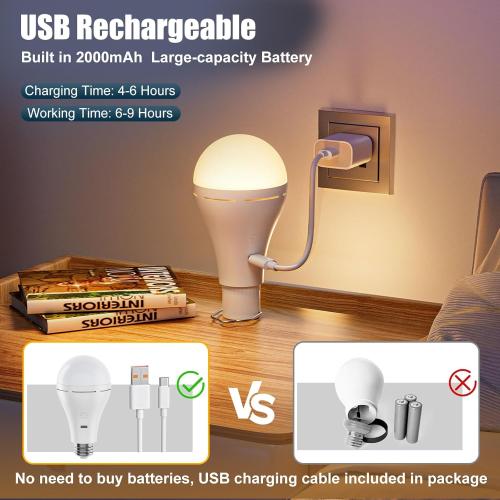 Brightown E26 Rechargeable Light Bulb with Remote and Timer, Battery Backup Bulb for Sconces and Lamps, Hanging LED Light Bulb with Hook for Camping Tent, Dimmable, 3 Color Temperatures, 2 Pack