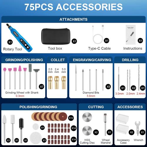 Cordless Rotary Tool, Mini Power Rotary Kit with 75 Accessories, 5 Variable Speed & 3.7v Type-C Charging Engraving Rotary Tool for Engraving, Sanding, Polishing, Drilling, Grinding, DIY Crafts