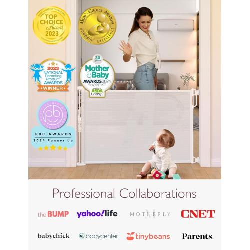 Momcozy Retractable Mesh Baby Gate or Dog Gate, Child Safety Gate for Indoor or Outdoor, 33-inches Tall with up to 55-inches Wide Extension, White