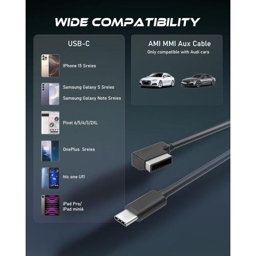 USB-C to AMI MMI Aux Cable for iPhone 16 / iPhone 15 and Other Type C Devices, Compatible with VW, Audi A3/A4/A5/A6/A7/A8/S4/S6/S8/Q5/Q7/R8/TT 2011-2016(3.3FT)