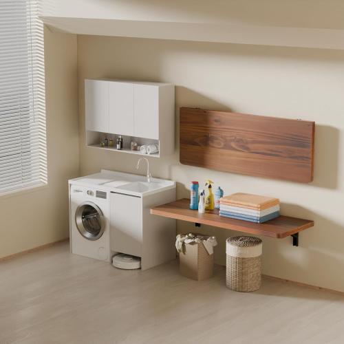 IAE Wall Mounted Folding Table with Pine Wood,Floating Wall Desk,Laundry Folding Table with Shelf Brackets,Fold Down Desk Shelf,Folding Workbench for Home,Dining,Laundry Room,Kitchen,36 x 14,Teak