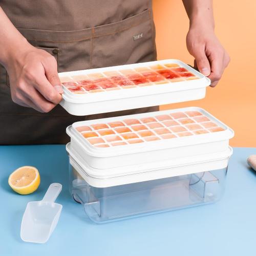 PHINOX Ice Cube Tray with Lid and Bin, 3 Pack Plastic Ice Cube Tray Molds, 96(4 * 8 * 3) pcs Ice Trays for freezer, Chilling Drinks, Whiskey & Cocktails, with Ice Container and Ice Scoop, BPA-Free