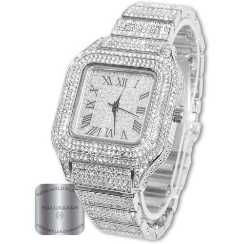 Halukakah Men’s Watch - The King - 18K Gold/Platinum Plated, 40MM Square Dial, Iced Out Wristband, with Cuban Link Chain Necklace and Bracelet Set Optional, Comes in Giftbox