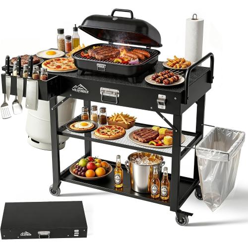 Grill Cart for Blackstone Griddle, Outdoor Grill Table for Ninja | Foldable Pizza Oven Stand Grill Stand Fit 17 or 22 Inch Tabletop Griddle, Portable BBQ Prep Station with Tool Hooks & Wheels
