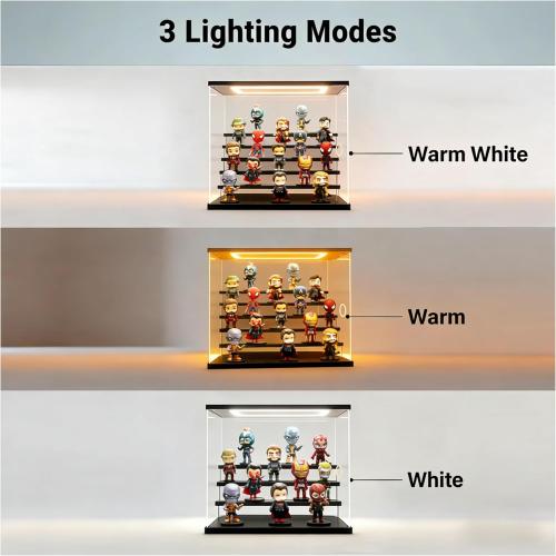 Clear Acrylic Display Case with LED Light, 4 Tier Dustproof Showcase for Collectibles, Figures & Model Cars, Stackable Display Box (White, 12x8x11 in)