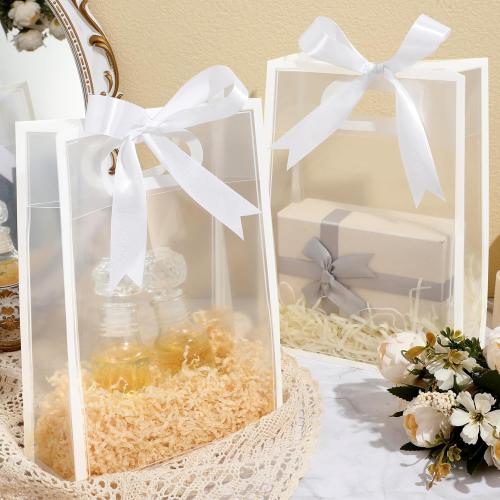 Aliceset 12 Pcs Clear Plastic Gift Bag with Die Cut Handles Reusable PP Favor Bag with Ribbon for Wedding Bridal Birthday Baby Shower Party Small Business, 7x10x3.15 Inch(White)