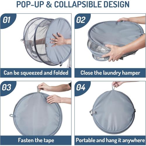 Mesh Popup Laundry Hamper 115L Collapsible Laundry Basket Extra Large Capacity Foldable Clothing Storage Basket with Handles 26 H x 18 W x 18 L (Gray)