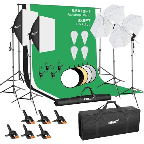 EMART 8.5 x 10 ft Backdrop Support System, Professional Photography Lighting Kit with 5500K 50W LED, 6 * 9ft Backdrop *3, Reflector,Umbrellas&Softbox Lighting Kit for Studio, Portrait, Video Shooting