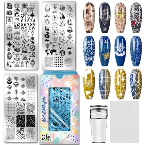 PH PandaHall 3pcs Travel Pattern Nail Stamp Plate Compass Map Pattern Print Art Template Stainless Steel Nail Image Plate Travel Theme Nails Art Stencils for Women DIY Printing 4.7x2.3 inch