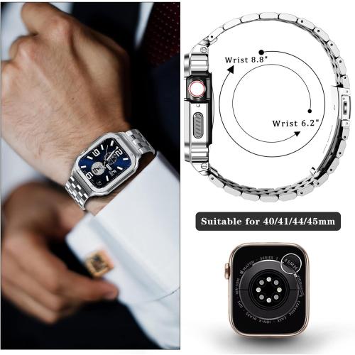 SUPLINK Stainless Steel Case and Band Compatible with 45mm Apple Watch Bands for Men, Metal Rugged Protective Bumper for iWatch Apple Watch Series 9 8 7 Band, Silver