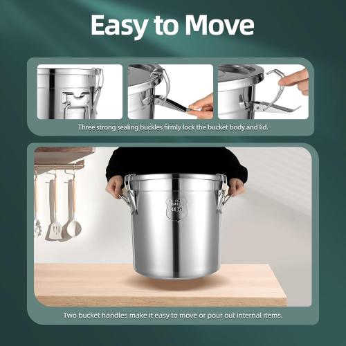 21L Silver DYNAMI 5.5Gal 304 Stainless Steel Airtight Container with Lid and Locking Clamp,17-38Lbs Metal Bucket Large Stainless Steel Canisters for Kitchen,Dog Food/Bird Seed/Coffee Storage Container(21L)