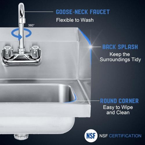 Profeeshaw Stainless Steel Sink Commercial Wall Mount Hand Washing Basin NSF Certified, with Gooseneck Faucet and Side Splash Guard, for Restaurants, Stores, Bars and Home, 17 x 15 …
