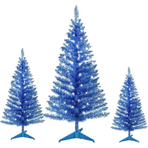 Realspring Blue 3 Pcs Mini Christmas Tree with Lights Tabletop 20/14/8 Inch Small Artificial Xmas Trees Miniature Pine Xmas Tree Bottle Brush Trees for Christmas Home Table Decor
